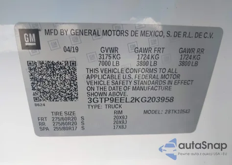 2019 GMC Sierra 1500 At4 z USA, uszkodzony, nr VIN 3GTP9EEL2KG203958